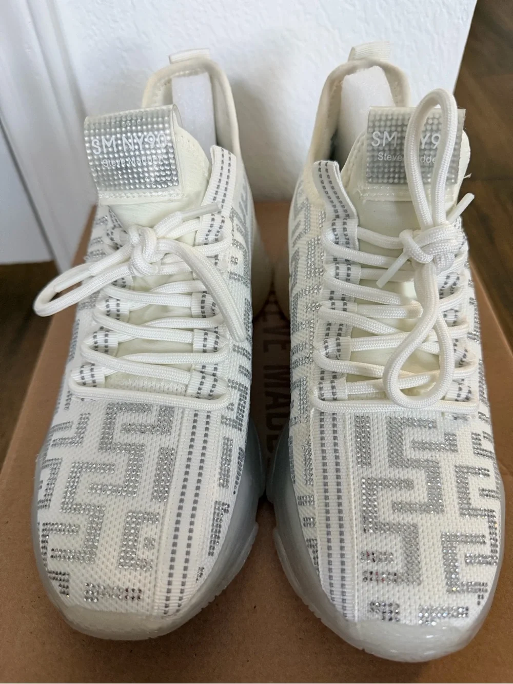 White Chunky Knit Women's Sneaker with Geometric Rhinestone Detail